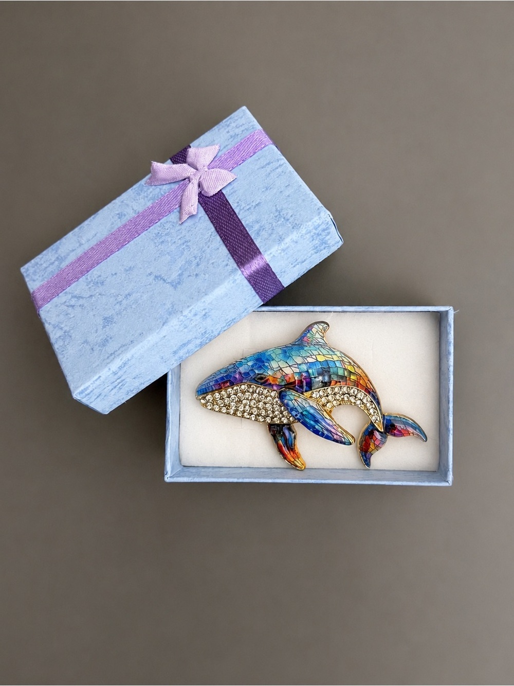 Colorful Whale Brooch Crystal Ocean Animal Pin Gold Tone Enamel Statement Gift